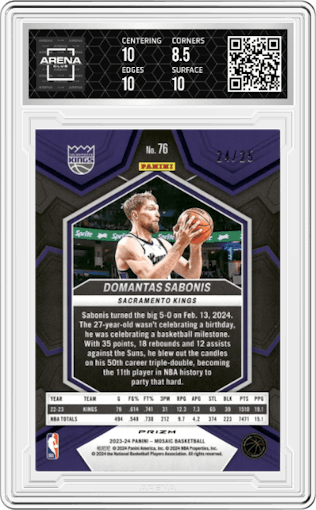 Domantas Sabonis from the 2023-24 Panini Mosaic set featuring a White Mosaic parallel graded by Arena Club and given an overall grade of 9.
