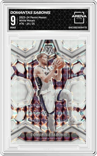 Domantas Sabonis from the 2023-24 Panini Mosaic set featuring a White Mosaic parallel graded by Arena Club and given an overall grade of 9.