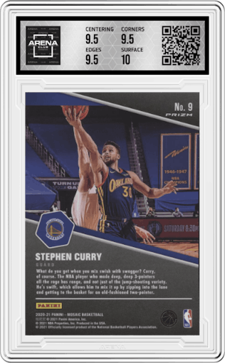 Stephen Curry from the 2020-21 Panini Mosaic set graded by Arena Club and given an overall grade of 10.