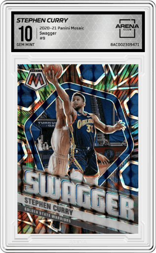 Stephen Curry from the 2020-21 Panini Mosaic set graded by Arena Club and given an overall grade of 10.