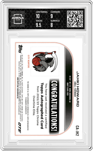 Jahki Howard from the 2022-23 Topps Chrome Overtime Elite set featuring a Red Refractors  parallel graded by Arena Club and given an overall grade of 8.5.