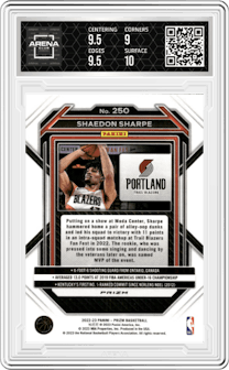 Shaedon Sharpe from the 2022-23 Panini Prizm  set featuring a Silver Prizm parallel graded by Arena Club and given an overall grade of 9.5.