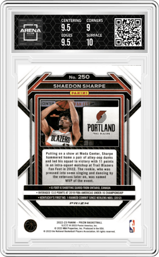 Shaedon Sharpe from the 2022-23 Panini Prizm  set featuring a Silver Prizm parallel graded by Arena Club and given an overall grade of 9.5.