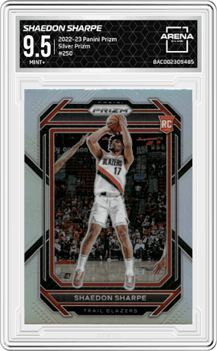 Shaedon Sharpe from the 2022-23 Panini Prizm  set featuring a Silver Prizm parallel graded by Arena Club and given an overall grade of 9.5.
