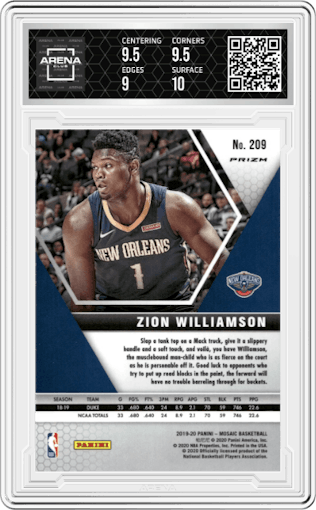 Zion Williamson  from the 2019-20 Panini Mosaic  set featuring a Reactive Blue parallel graded by Arena Club and given an overall grade of 9.5.