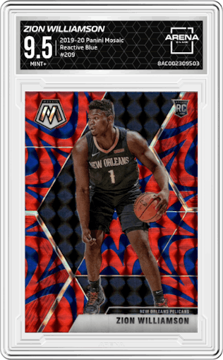 Zion Williamson  from the 2019-20 Panini Mosaic  set featuring a Reactive Blue parallel graded by Arena Club and given an overall grade of 9.5.