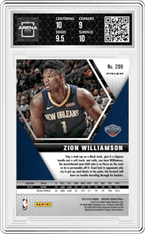 Zion Williamson  from the 2019-20 Panini Mosaic  set featuring a Reactive Orange parallel graded by Arena Club and given an overall grade of 9.5.