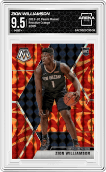 Zion Williamson  from the 2019-20 Panini Mosaic  set featuring a Reactive Orange parallel graded by Arena Club and given an overall grade of 9.5.