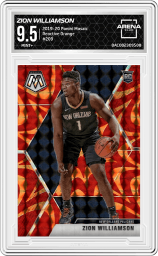 Zion Williamson  from the 2019-20 Panini Mosaic  set featuring a Reactive Orange parallel graded by Arena Club and given an overall grade of 9.5.