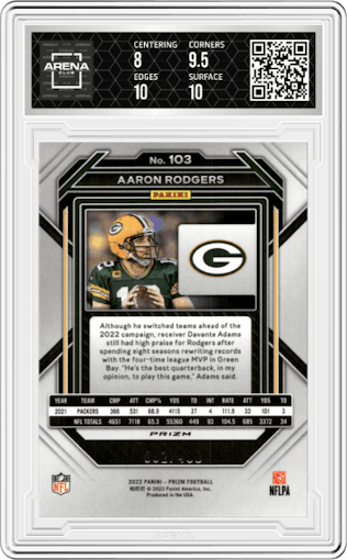  Aaron Rodgers from the 2022 Panini Prizm set featuring a Pandora parallel graded by Arena Club and given an overall grade of 8.5.