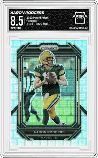  Aaron Rodgers from the 2022 Panini Prizm set featuring a Pandora parallel graded by Arena Club and given an overall grade of 8.5.