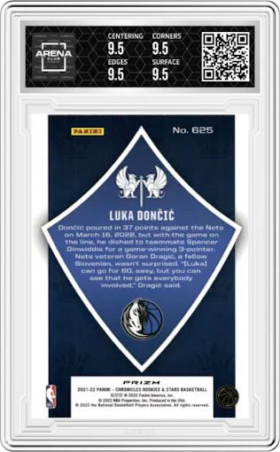 Luka Doncic from the 2021-22 Panini Chronicles set featuring a Asia parallel graded by Arena Club and given an overall grade of 9.5.