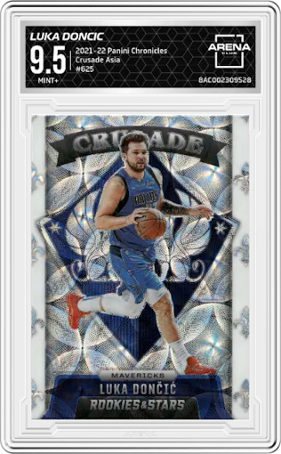 Luka Doncic from the 2021-22 Panini Chronicles set featuring a Asia parallel graded by Arena Club and given an overall grade of 9.5.