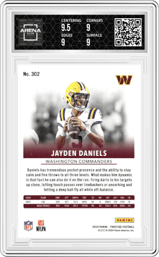 Jayden Daniels from the 2024 Panini Prestige  set featuring a Diamond Xtra Points parallel graded by Arena Club and given an overall grade of 9.
