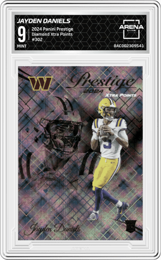 Jayden Daniels from the 2024 Panini Prestige  set featuring a Diamond Xtra Points parallel graded by Arena Club and given an overall grade of 9.