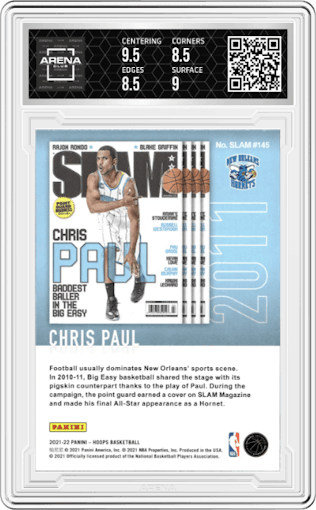 Chris Paul from the 2021-22 Panini NBA Hoops set featuring a Holo parallel graded by Arena Club and given an overall grade of 9.
