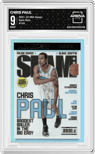 Chris Paul from the 2021-22 Panini NBA Hoops set featuring a Holo parallel graded by Arena Club and given an overall grade of 9.