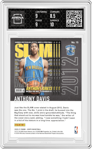 Anthony Davis from the 2020-21 Panini NBA Hoops set graded by Arena Club and given an overall grade of 9.