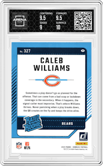 Caleb Williams from the 2024 Donruss set graded by Arena Club and given an overall grade of 9.5.