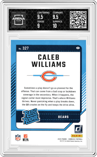 Caleb Williams from the 2024 Donruss set graded by Arena Club and given an overall grade of 9.5.
