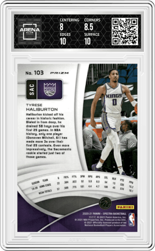 Tyrese Haliburton from the 2020-21 Panini Spectra set featuring a Asia Red parallel graded by Arena Club and given an overall grade of 8.5.