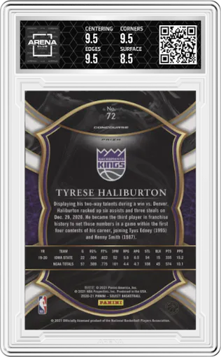 Tyrese Haliburton from the 2020-21 Panini Select  set featuring a Tri-Color parallel graded by Arena Club and given an overall grade of 9.