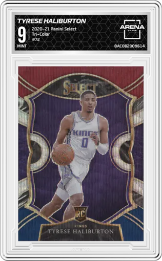 Tyrese Haliburton from the 2020-21 Panini Select  set featuring a Tri-Color parallel graded by Arena Club and given an overall grade of 9.
