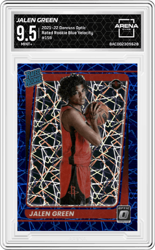 Jalen Green from the 2021-22 Panini Donruss Optic set featuring a Blue Velocity parallel graded by Arena Club and given an overall grade of 9.5.