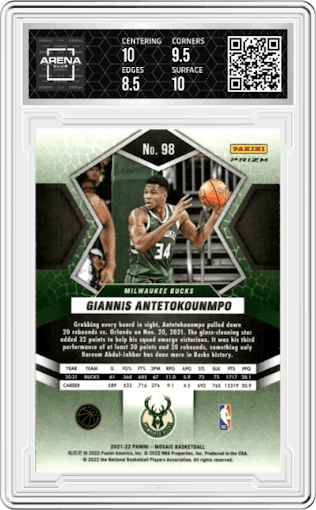 Giannis Antetokounmpo  from the 2021-22 Panini Mosaic  set featuring a Gold Wave parallel graded by Arena Club and given an overall grade of 9.