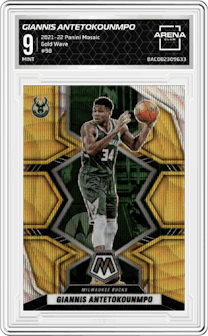 Giannis Antetokounmpo  from the 2021-22 Panini Mosaic  set featuring a Gold Wave parallel graded by Arena Club and given an overall grade of 9.