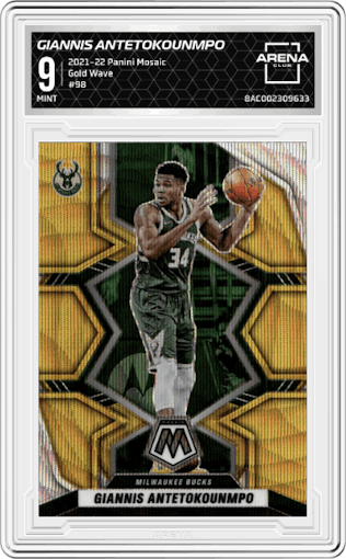 Giannis Antetokounmpo  from the 2021-22 Panini Mosaic  set featuring a Gold Wave parallel graded by Arena Club and given an overall grade of 9.