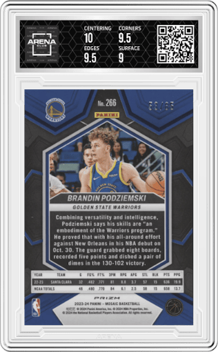 Brandin Podziemski from the 2023-24 Panini Mosaic set featuring a Fast Break Blue parallel graded by Arena Club and given an overall grade of 9.5.