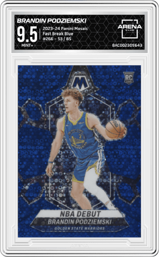 Brandin Podziemski from the 2023-24 Panini Mosaic set featuring a Fast Break Blue parallel graded by Arena Club and given an overall grade of 9.5.