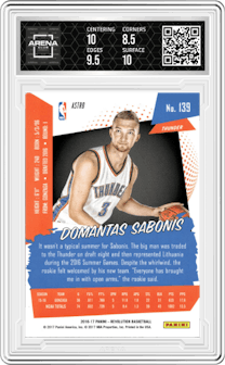 Domantas Sabonis from the 2016-17 Panini Revolution  set featuring a Astro parallel graded by Arena Club and given an overall grade of 9.