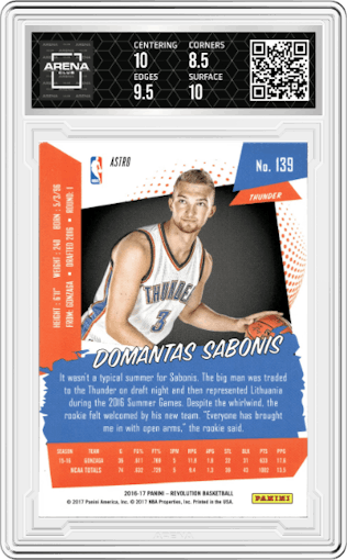 Domantas Sabonis from the 2016-17 Panini Revolution  set featuring a Astro parallel graded by Arena Club and given an overall grade of 9.
