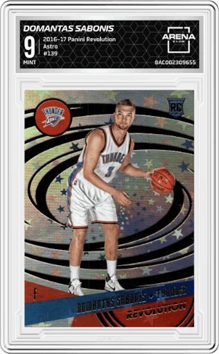 Domantas Sabonis from the 2016-17 Panini Revolution  set featuring a Astro parallel graded by Arena Club and given an overall grade of 9.