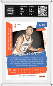 Domantas Sabonis from the 2016-17 Panini Revolution  set featuring a Fractal parallel graded by Arena Club and given an overall grade of 9.