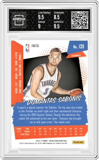 Domantas Sabonis from the 2016-17 Panini Revolution  set featuring a Fractal parallel graded by Arena Club and given an overall grade of 9.