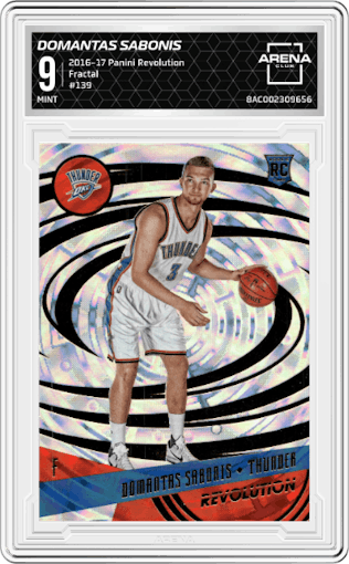 Domantas Sabonis from the 2016-17 Panini Revolution  set featuring a Fractal parallel graded by Arena Club and given an overall grade of 9.