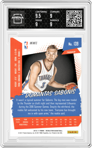 Domantas Sabonis from the 2016-17 Panini Revolution  set featuring a Infinite parallel graded by Arena Club and given an overall grade of 9.