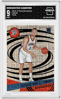 Domantas Sabonis from the 2016-17 Panini Revolution  set featuring a Infinite parallel graded by Arena Club and given an overall grade of 9.