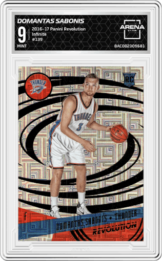 Domantas Sabonis from the 2016-17 Panini Revolution  set featuring a Infinite parallel graded by Arena Club and given an overall grade of 9.