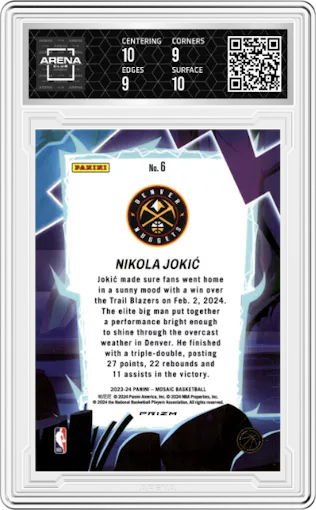 Nikola Jokic from the 2023-24 Panini Mosaic set graded by Arena Club and given an overall grade of 9.5.