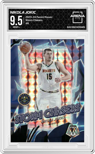 Nikola Jokic from the 2023-24 Panini Mosaic set graded by Arena Club and given an overall grade of 9.5.