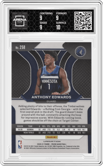 Anthony Edwards from the 2020-21 Panini Prizm set graded by Arena Club and given an overall grade of 9.5.