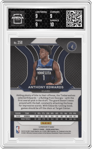 Anthony Edwards from the 2020-21 Panini Prizm set graded by Arena Club and given an overall grade of 9.5.