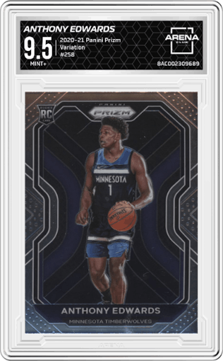 Anthony Edwards from the 2020-21 Panini Prizm set graded by Arena Club and given an overall grade of 9.5.
