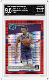 Tyrese Haliburton from the 2020-21 Panini Donruss Optic set featuring a Red Pulsar  parallel graded by Arena Club and given an overall grade of 9.5.