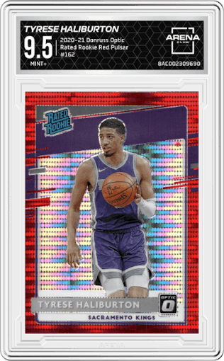 Tyrese Haliburton from the 2020-21 Panini Donruss Optic set featuring a Red Pulsar  parallel graded by Arena Club and given an overall grade of 9.5.