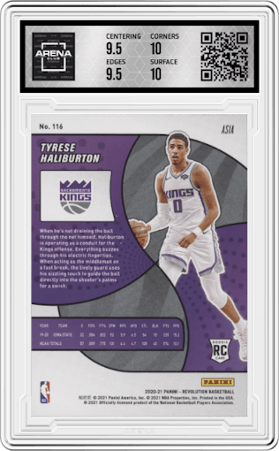 Tyrese Haliburton from the 2020-21 Panini Revolution set featuring a Asia Silver Holo parallel graded by Arena Club and given an overall grade of 10.